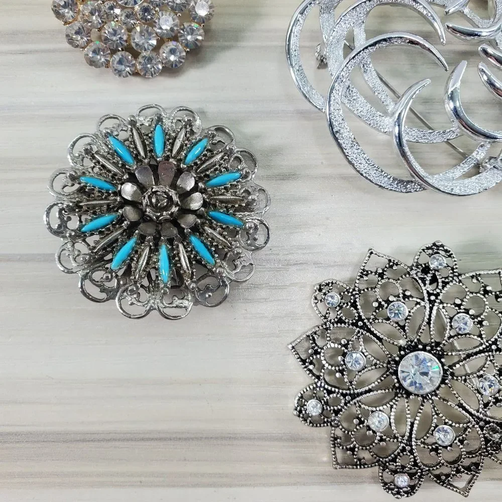 8 Brooch Lot Silver Tone Sarah Coventry Faux Pearl Rhinestone Pins Turquoise